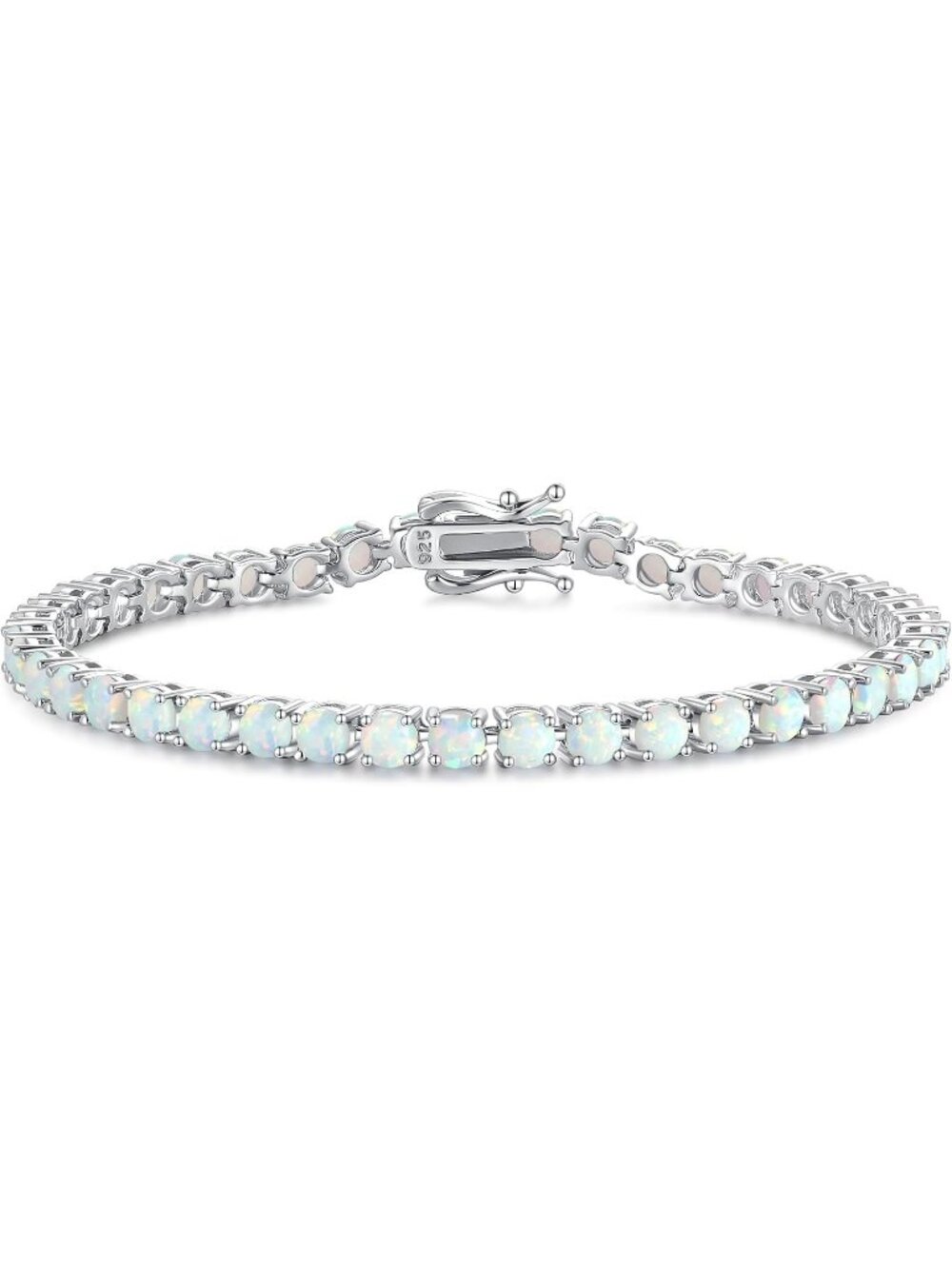 Women's 7.2 Inch 4mm Opal White Sterling Silver Birthstone Gemstone Bracelet
